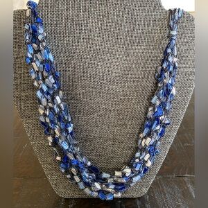 Blue & White Multi-Strand Knit Ribbon Necklace